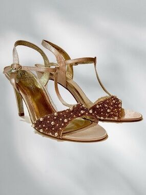 Adrianna Papell Beaded T-Strap Heels in Rose Gold